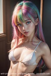 a girl with a long colorful hair with pink , yellow , and green streaks . 