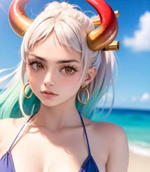 anime girl with horns and a blue bikini posing on the beach