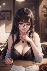 a beautiful woman with glasses and a black bra