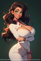 This is a digital painting of a woman with dark hair and green eyes, wearing a white shirt with her arms crossed.
