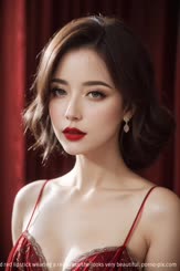 a oriental woman with short hair and red lipstick wearing a red dress she looks very beautiful.