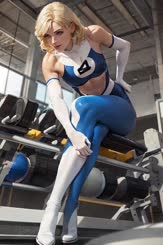 a woman in a blue and white outfit poses in a gym