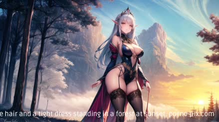 depicts a fantasy art illustration of a beautiful provoking female elf with long white hair and a tight dress standing in a forest at sunset.