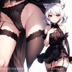a silver haired anime girl in a black dress and stockings.