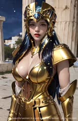 a beautiful woman in a gold armor and helmet . 
