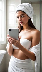 The photo shows a young woman with a towel on her head and a cellphone in her hands likely just after taking a bath.