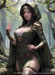 a female elf with a hood on in a forest . 