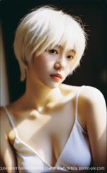 a very cute short haired blond girl with a white bra.