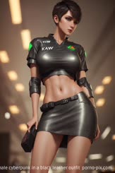 a female cyberpunk in a black leather outfit 