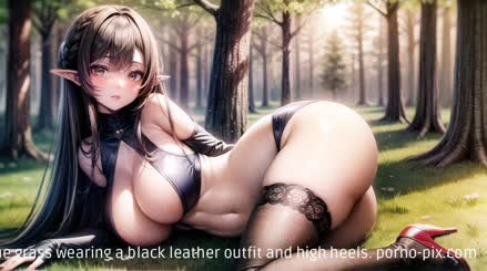 A cartoon fantasy image of a beautiful elf girl with brown hair and brown eyes laying on the grass wearing a black leather outfit and high heels.