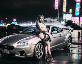 A half naked woman with purple hair sits on a sports car with a city night background and smoke.