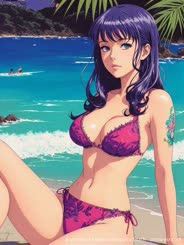 a woman in a bikini sitting on a beach . 