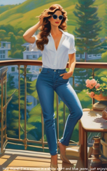 A painting of a woman in jeans and sunglasses