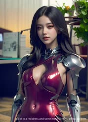a girl in a red dress and some metal armor . 