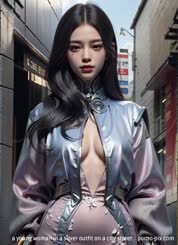 a young woman in a silver outfit on a city street . 
