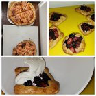 Homemade salmon pizza, one gluten free and fruit pastries