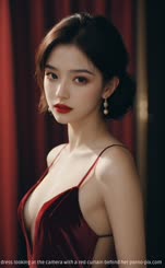 A Chinese actress in a red dress looking at the camera with a red curtain behind her