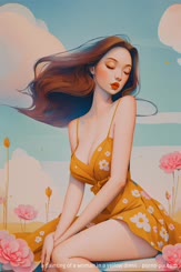 a painting of a woman in a yellow dress . 