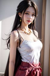 Asian beauty with long hair and a white top