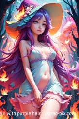 a painting of a girl with purple hair . 