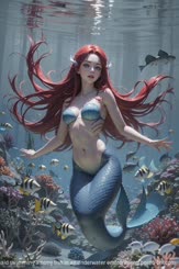 a digital illustration of a red haired mermaid swimming among fish in an underwater environment.