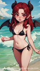 a Devil girl character with red horns and big red eyes in a black bikini. She's standing on the beach with sea waves in the background.