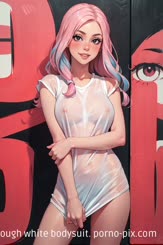 A digital painting of a cute cartoon pin up girl with pink hair wearing a see through white bodysuit.