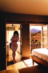 a woman in a black dress and white hair in a room with a mountain view