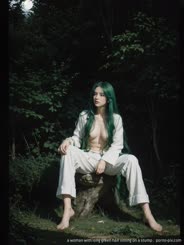 a woman with long green hair sitting on a stump . 
