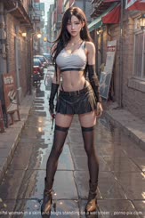 a beautiful woman in a skirt and boots standing on a wet street . 