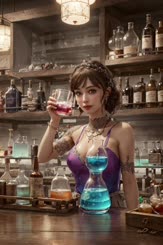 a woman in a purple dress holding a glass