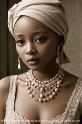is a close up of a Black woman wearing a white head scarf with a beige top and a three layered necklace with a turquoise like pendant. She's looking into the distance with a serious expression.