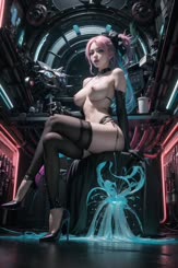 A cosplay girl with pink hair and no clothes is sitting on a chair in a science fiction setting.