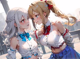 Two anime girls in white tops with blue and red details are posing together in a city setting with buildings in the background.
