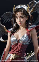 a woman wearing a red dress with wings around her shoulders . 