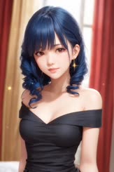 a beautiful woman with blue hair and a black dress