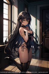 a beautiful anime girl with long black hair and a tattoo on her arm . 