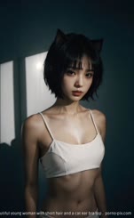 a beautiful young woman with short hair and a cat ear bra top . 