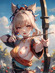 This is a painting of a half elf female archer with a bow and arrow wearing an orange and gold outfit with blue flowers in her hair.