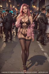 a woman in lingerie and stockings walking on a street . 