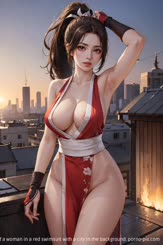 This is a illustration of a woman in a red swimsuit with a city in the background.
